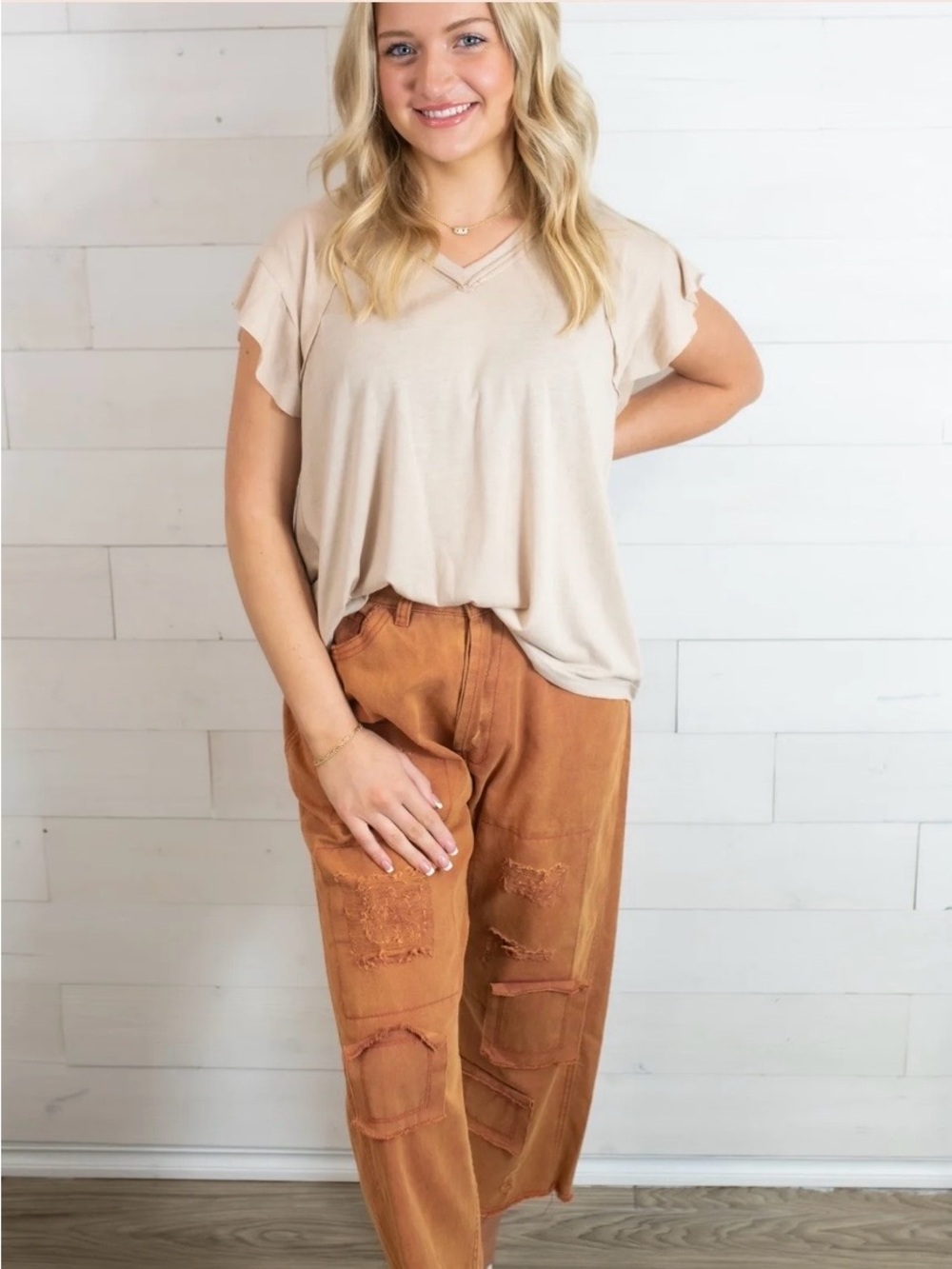 POL Distressed Patchwork Barrel Pants S in Rust